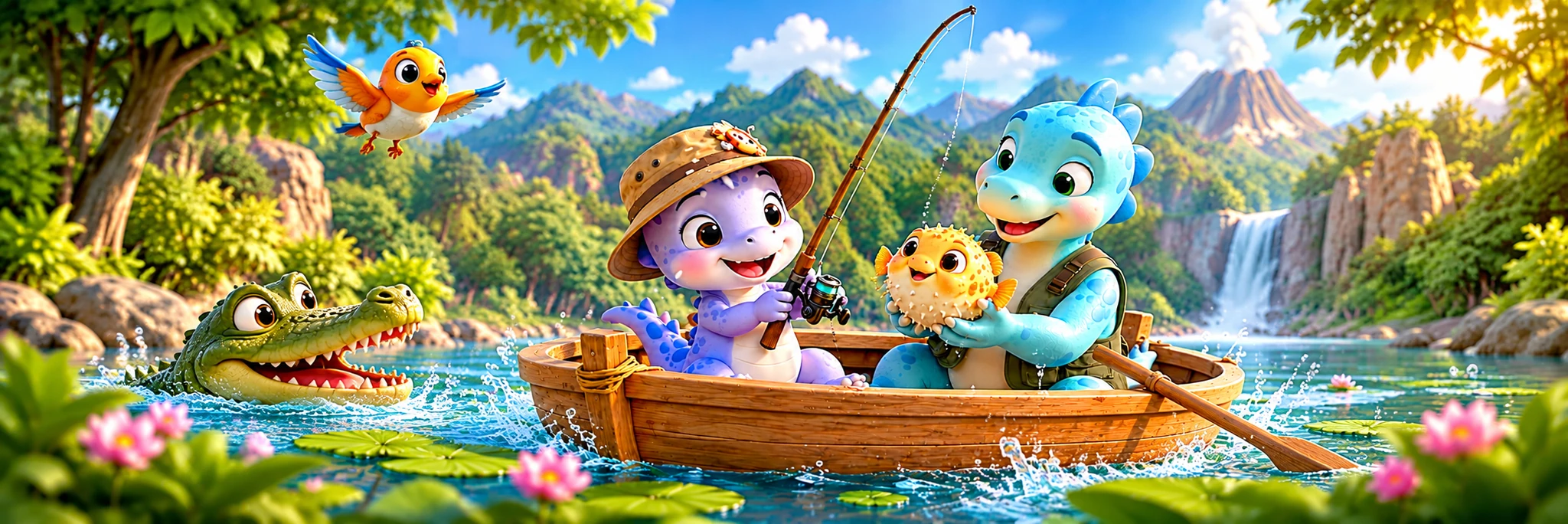 Dovi and Daddy Povi fishing from a boat beside a crocodile and a yellow pufferfish